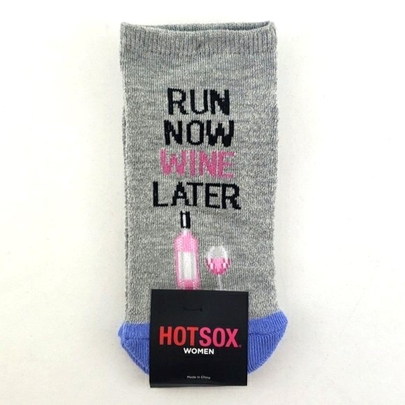 ⭐️3/ $30⭐ HotSox Women's Novelty Socks "Run Now Wine Later" Grey Cotton Sz 4-10 - Picture 1 of 6